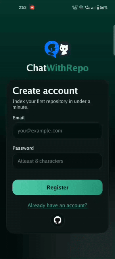 The ChatWithRepo Android app: asking a repository a question and getting a streamed answer